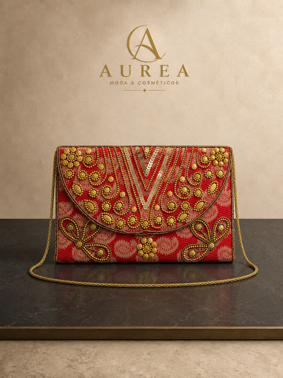 Bolso Clutch Bordado Maharani Rojo de AUREA