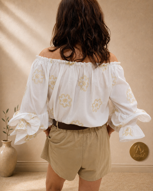 Blusa Bardot Bordada Blanco y Dorado