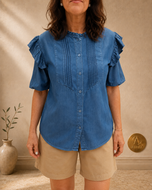 Blusa Denim con Volantes y Pliegues