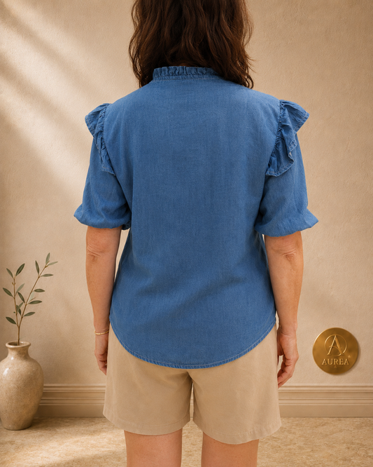 Blusa Denim con Volantes y Pliegues