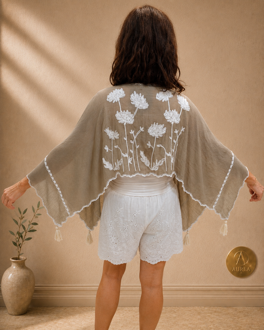 Poncho JOT Taupe con Bordado Floral
