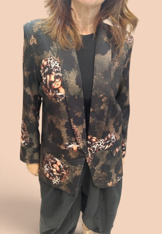 Blazer Negro con Estampado Artístico Multicolor