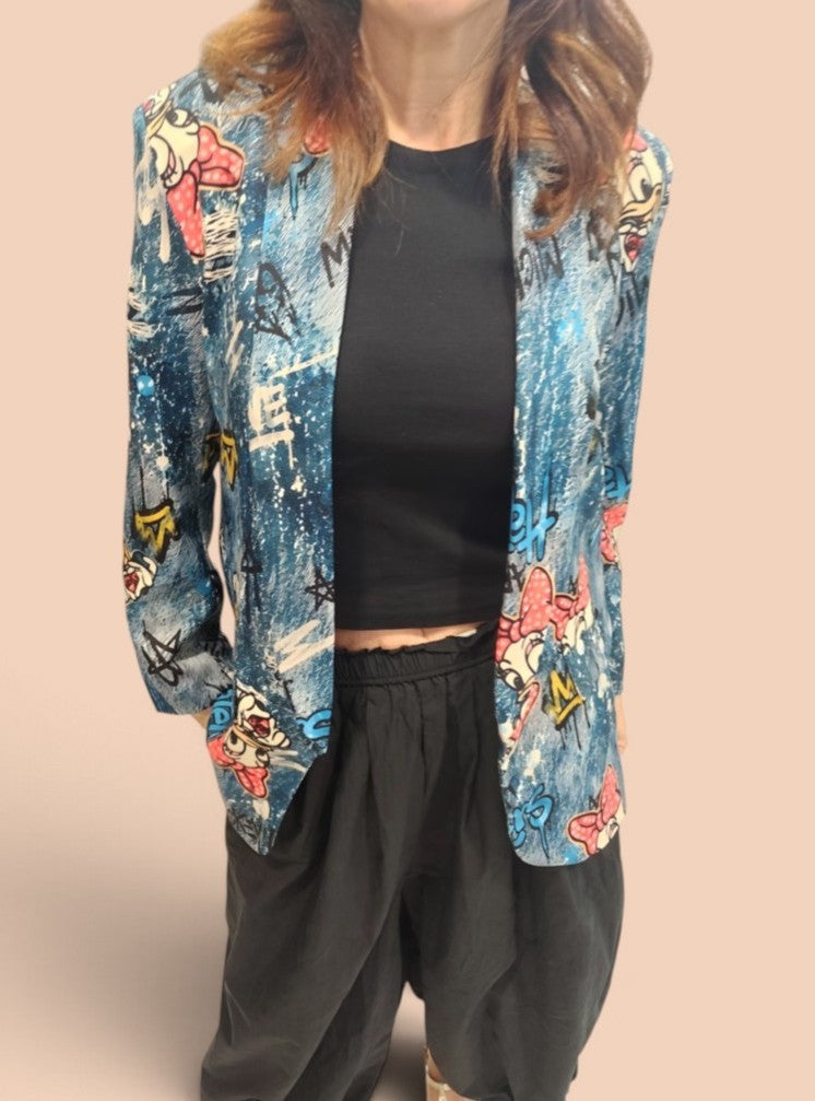 Blazer Azul con Estampado Ilustrado Pop