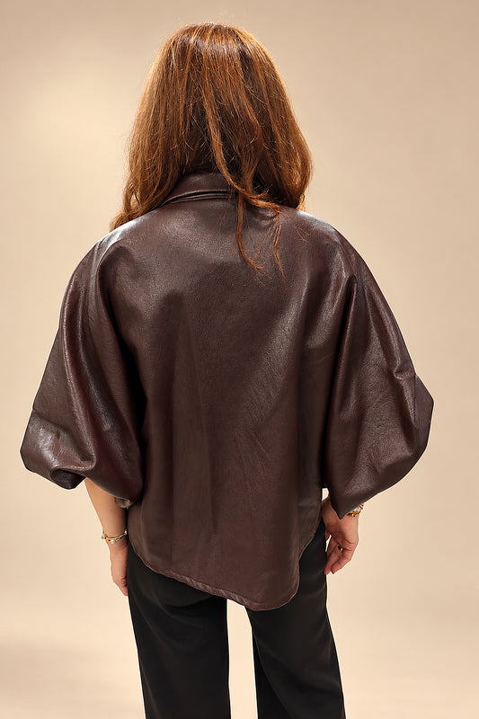 Camisa Marrón Oversize Efecto Piel