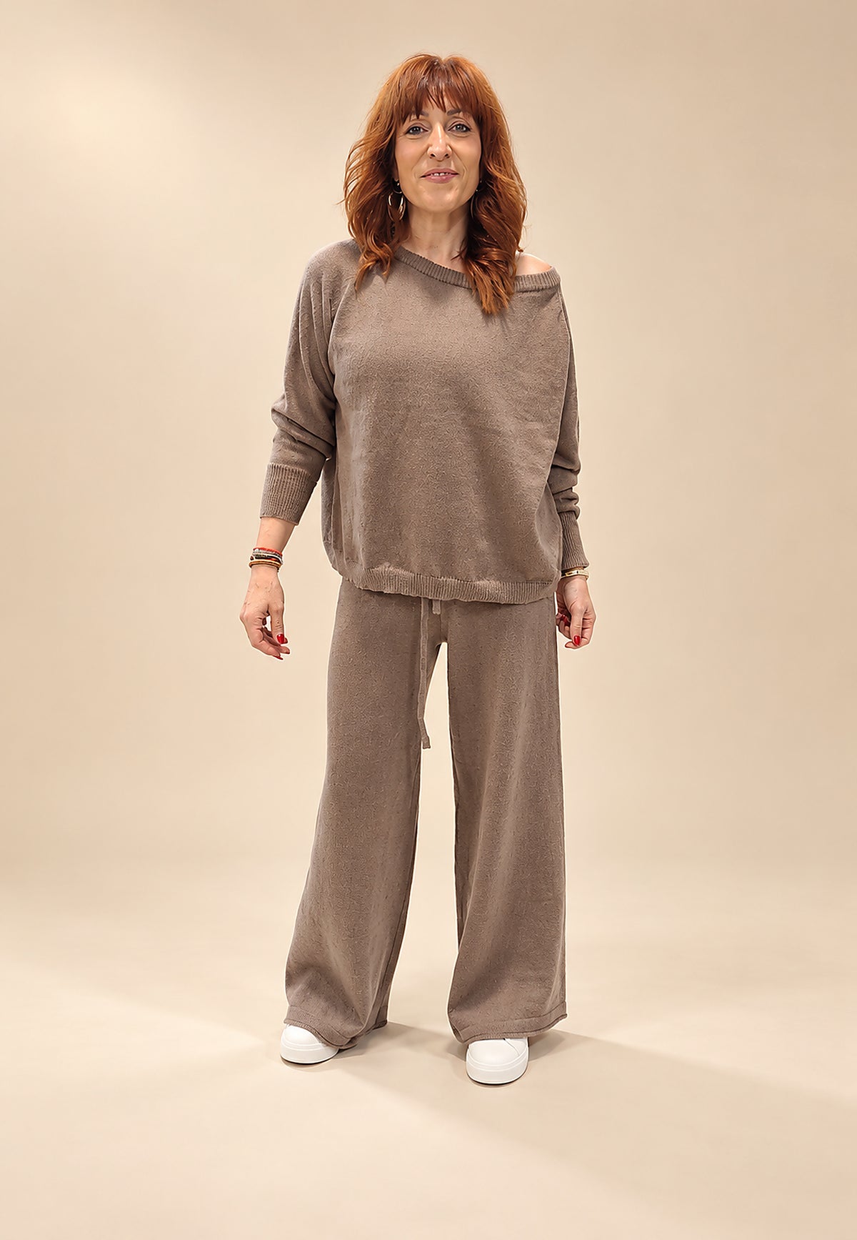 Conjunto Taupe de Punto con Pantalón Palazzo