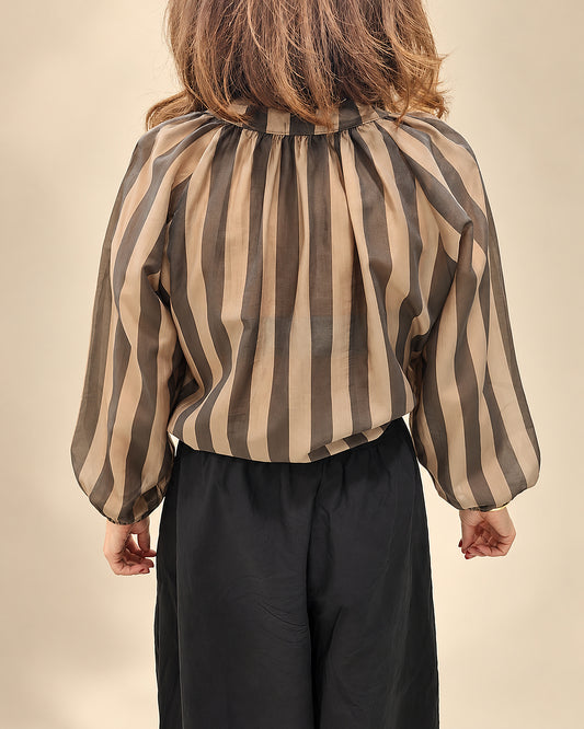 Blusa Marrón de Rayas con Manga Globo