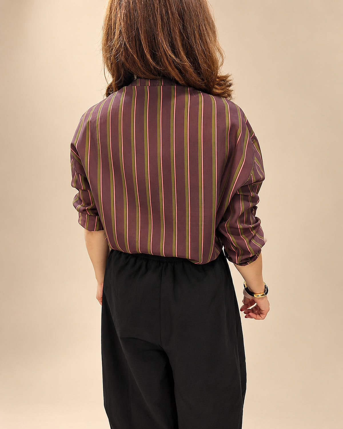 Camisa Azul de Rayas Camel con Manga Regulable