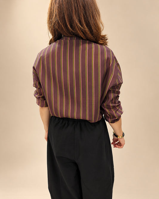 Camisa Azul de Rayas Camel con Manga Regulable