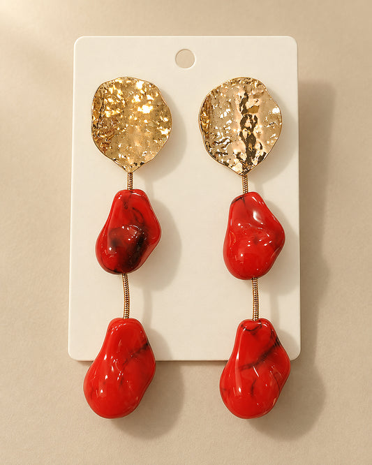 Pendientes Rojos Largos con Dorado Martillado