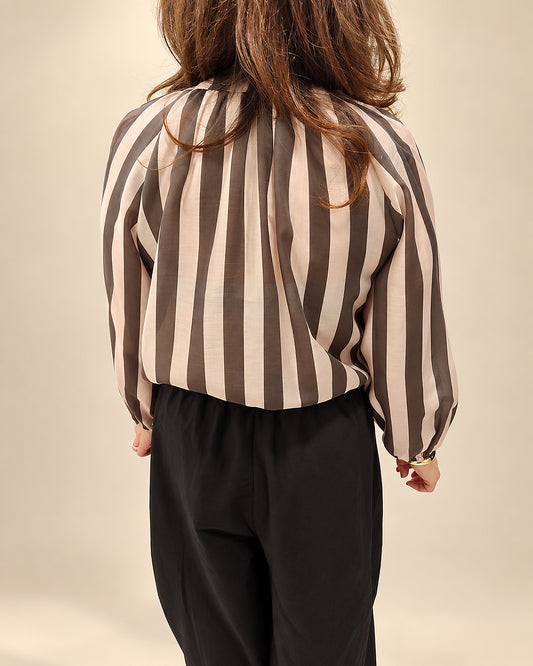 Blusa Gris y Beige de Rayas con Manga Globo