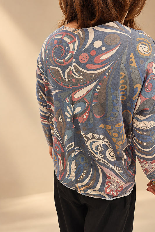 Camiseta Manga Larga con Estampado Paisley Azul