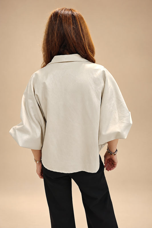 Camisa Cruda Oversize de Manga Corta Efecto Piel