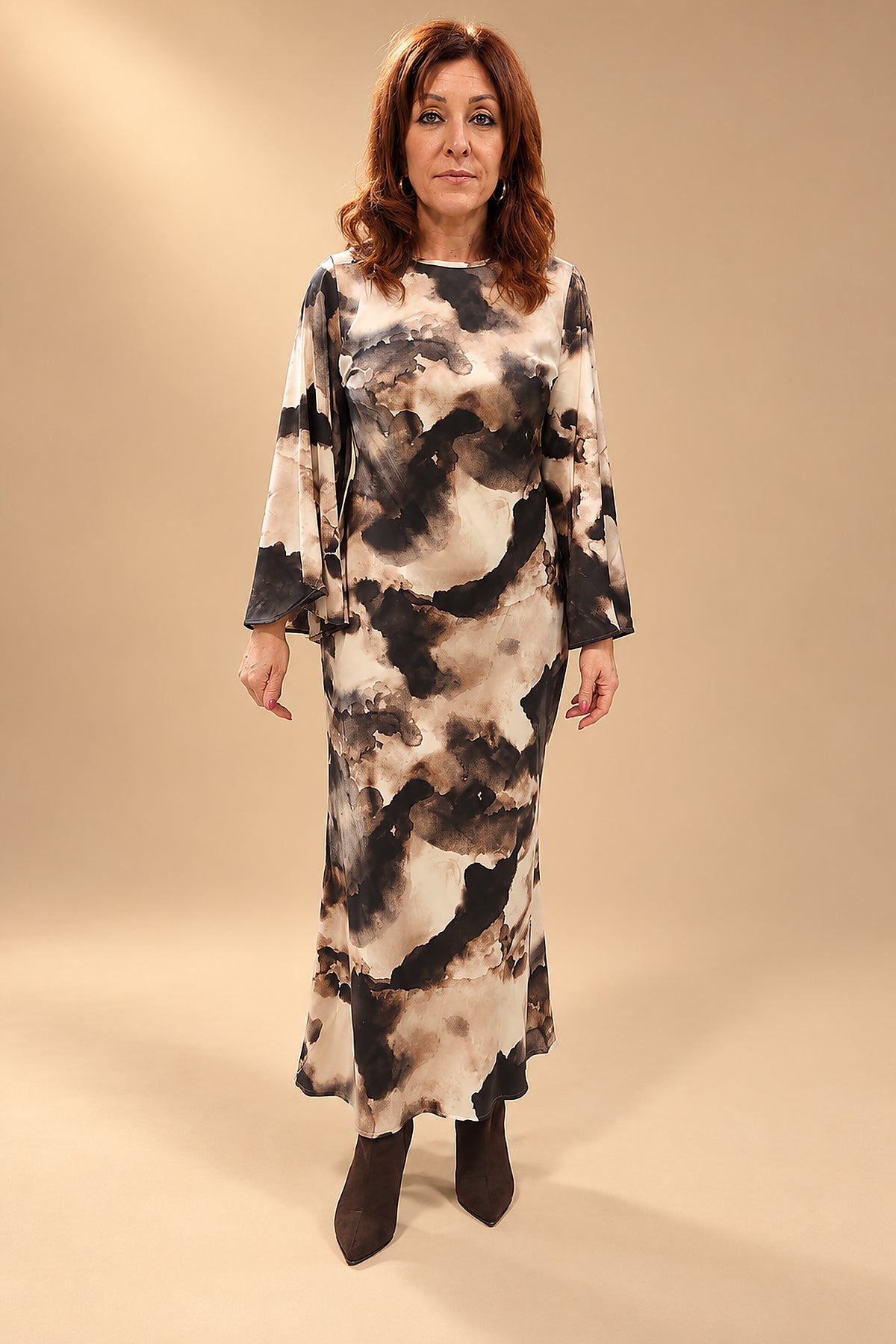 Vestido Maxi Estampado Acuarela con Manga Campana