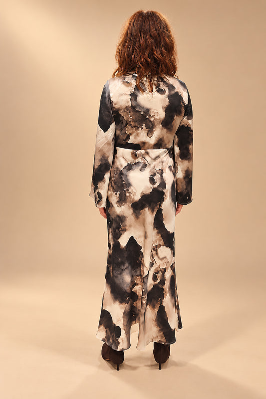 Vestido Maxi Estampado Acuarela con Manga Campana