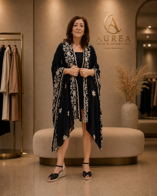 Kimono Largo Negro Bordado Floral JOT
