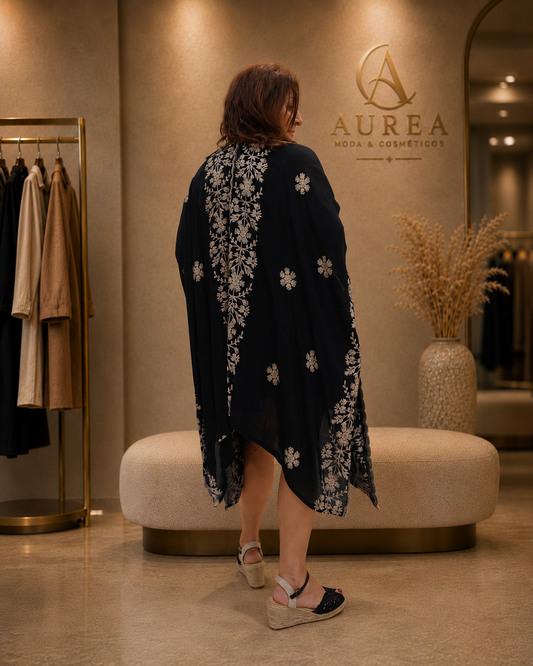Kimono Largo Negro Bordado Floral JOT