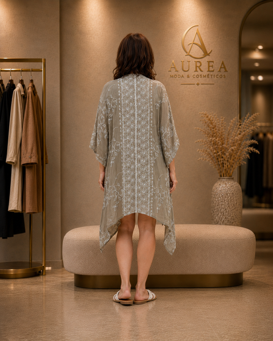 Kimono Largo JOT Verde Oliva con Bordado Floral