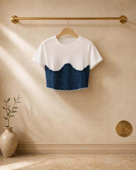Camiseta Blanca con Detalle Denim Efecto Corsé