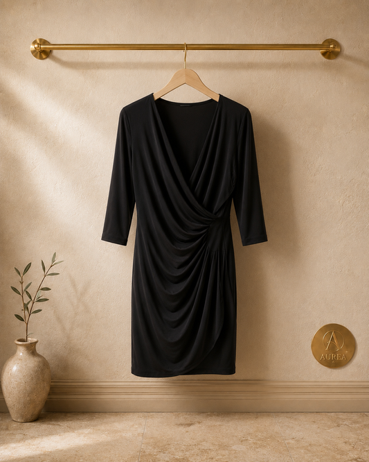 Vestido Corto Negro Cruzado con Drapeado