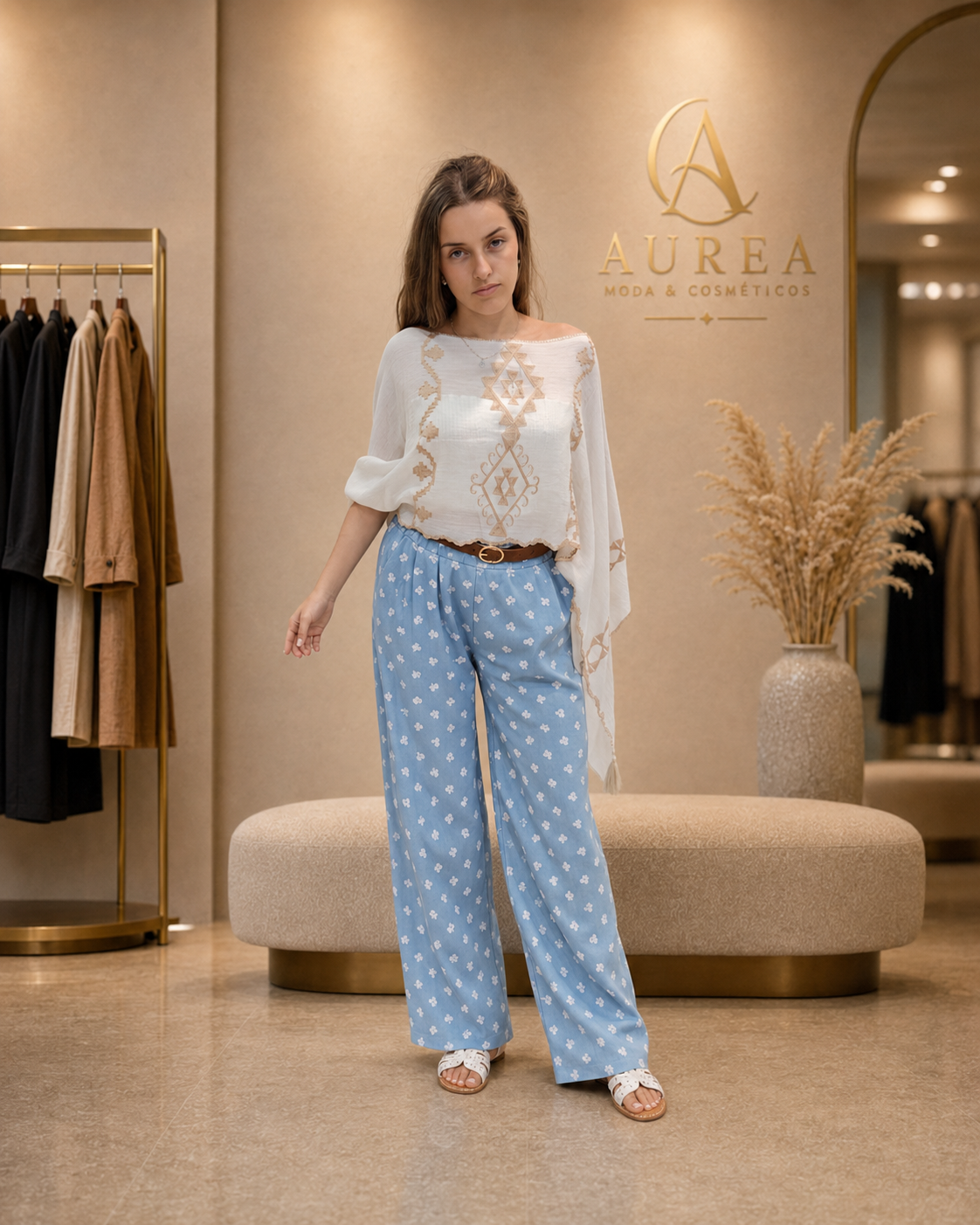 Pantalón Palazzo Azul Cielo con Estampado Floral