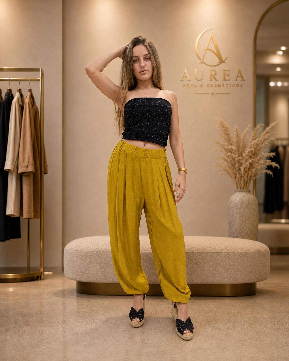 Pantalón Bombacho Mostaza de Corte Fluido