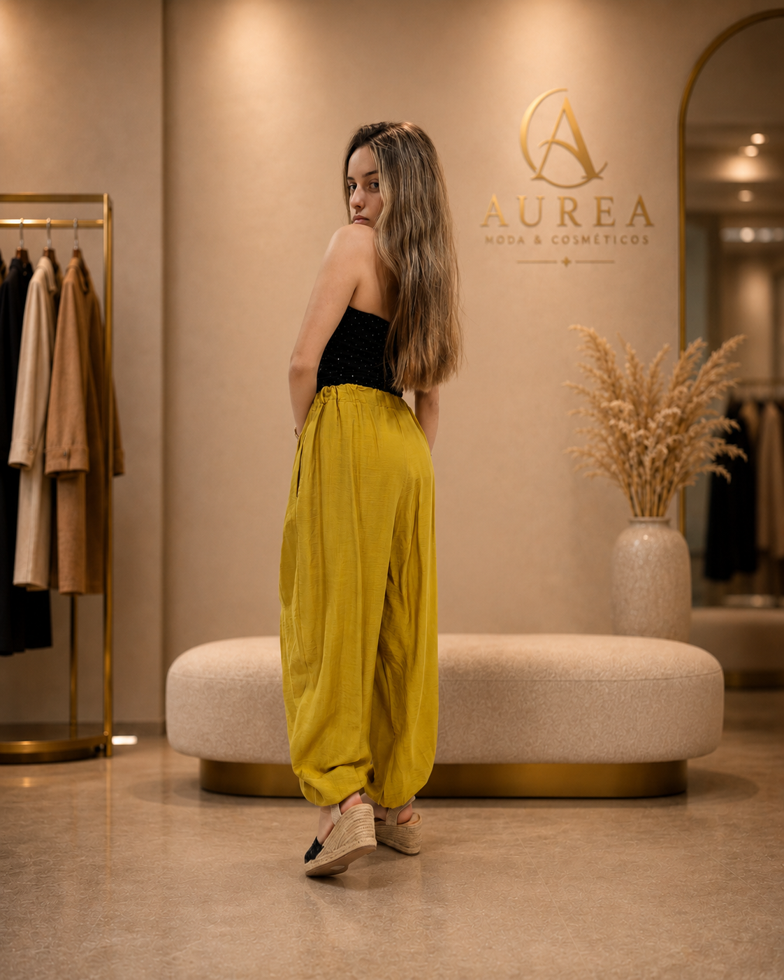 Pantalón Bombacho Mostaza de Corte Fluido