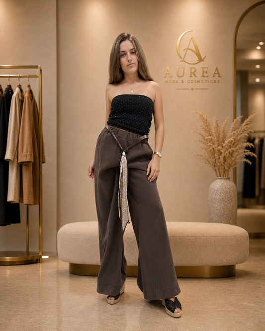 Pantalón Palazzo Topo con Cintura Anudada