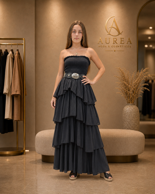 Vestido Largo Negro Palabra de Honor con Volantes