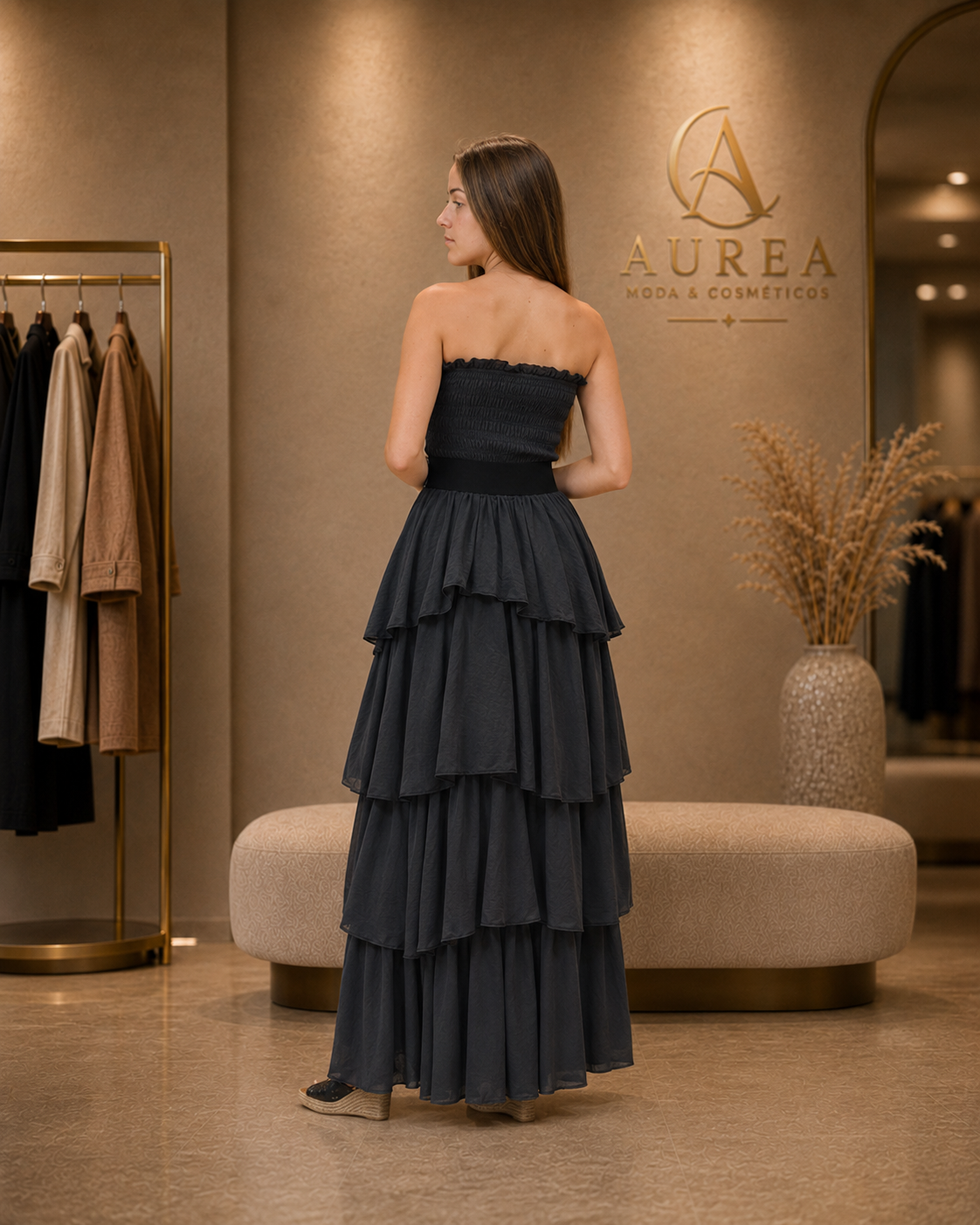 Vestido Largo Negro Palabra de Honor con Volantes