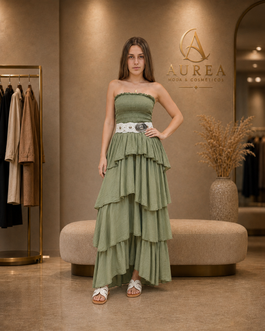 Vestido Largo Verde Salvia Palabra de Honor con Volantes