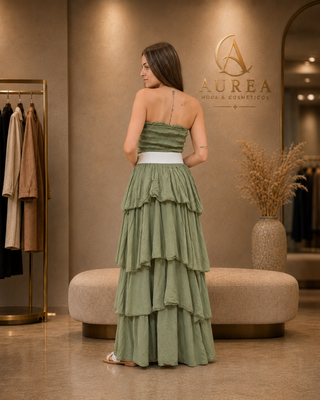 Vestido Largo Verde Salvia Palabra de Honor con Volantes