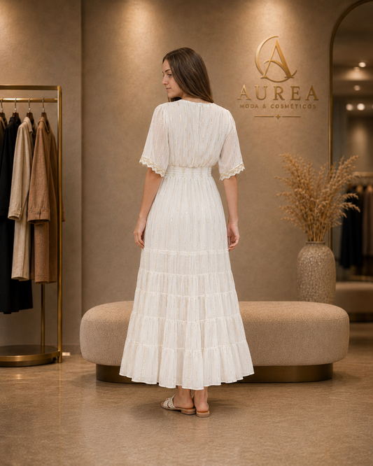 Vestido Largo Blanco Marfil con Detalles Dorados