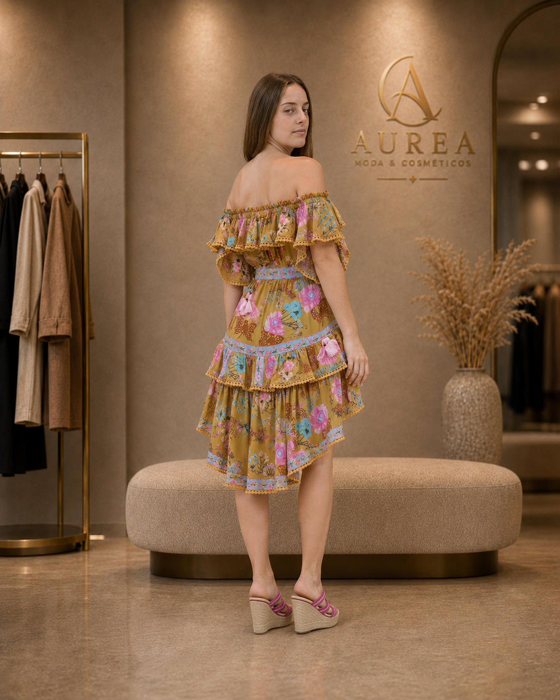 Vestido Floral JOT con Volantes y Escote Bardot