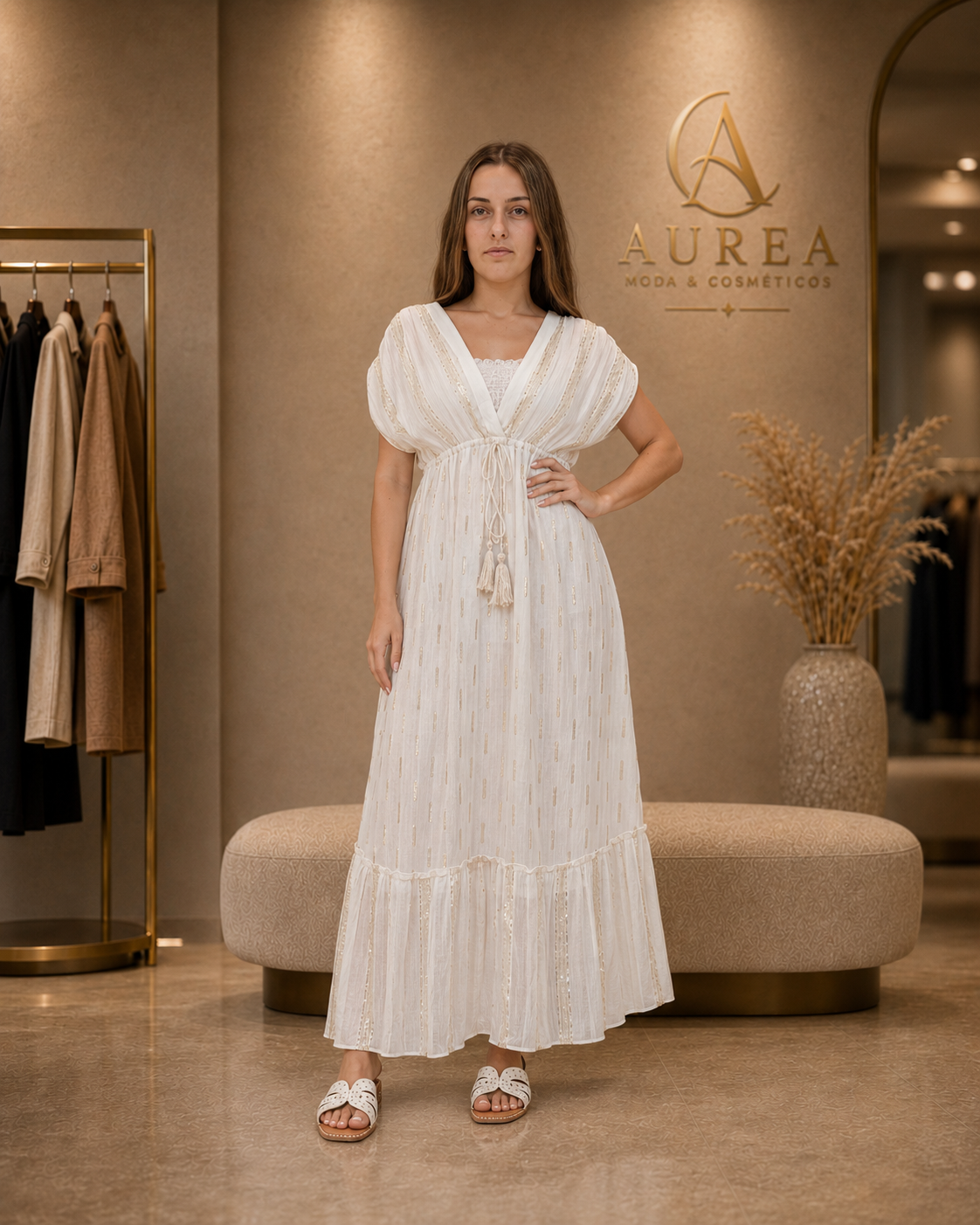 Vestido Largo Blanco Marfil con Escote Cruzado