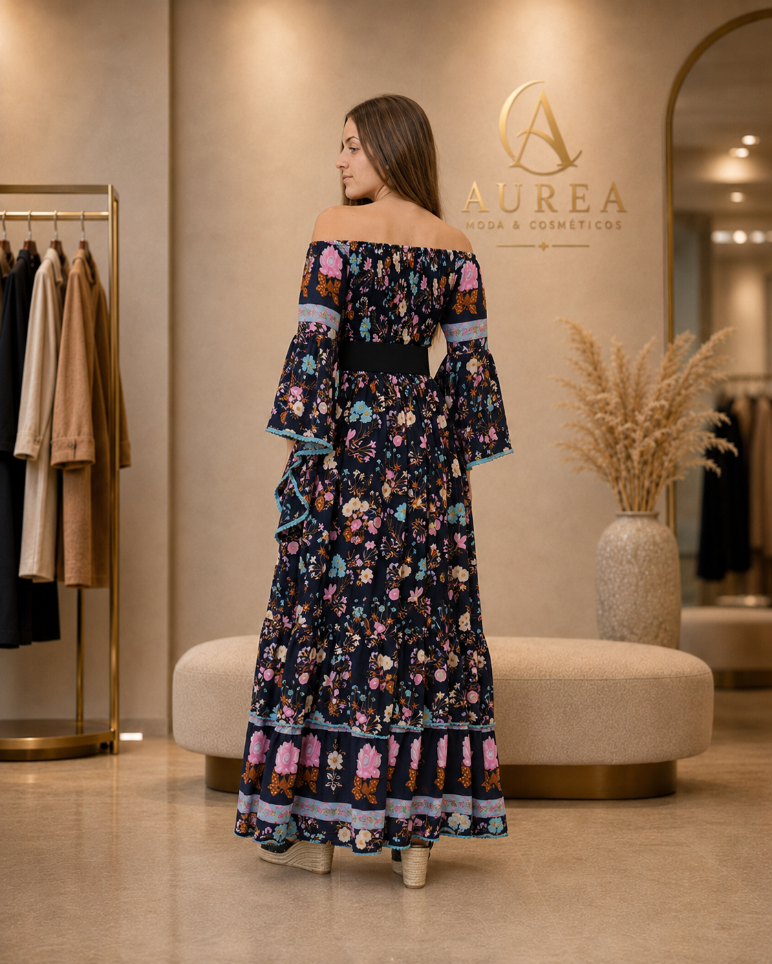 Vestido Largo Floral JOT con Escote Bardot