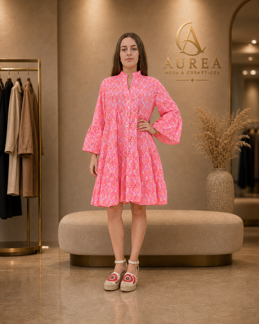 Vestido Corto JOT Fucsia con Manga Acampanada