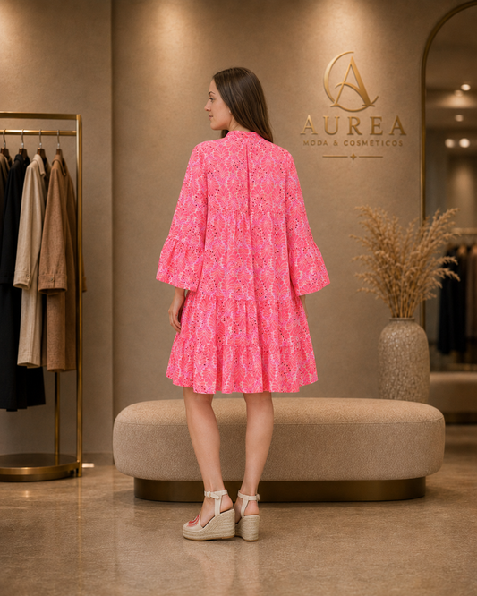 Vestido Corto JOT Fucsia con Manga Acampanada