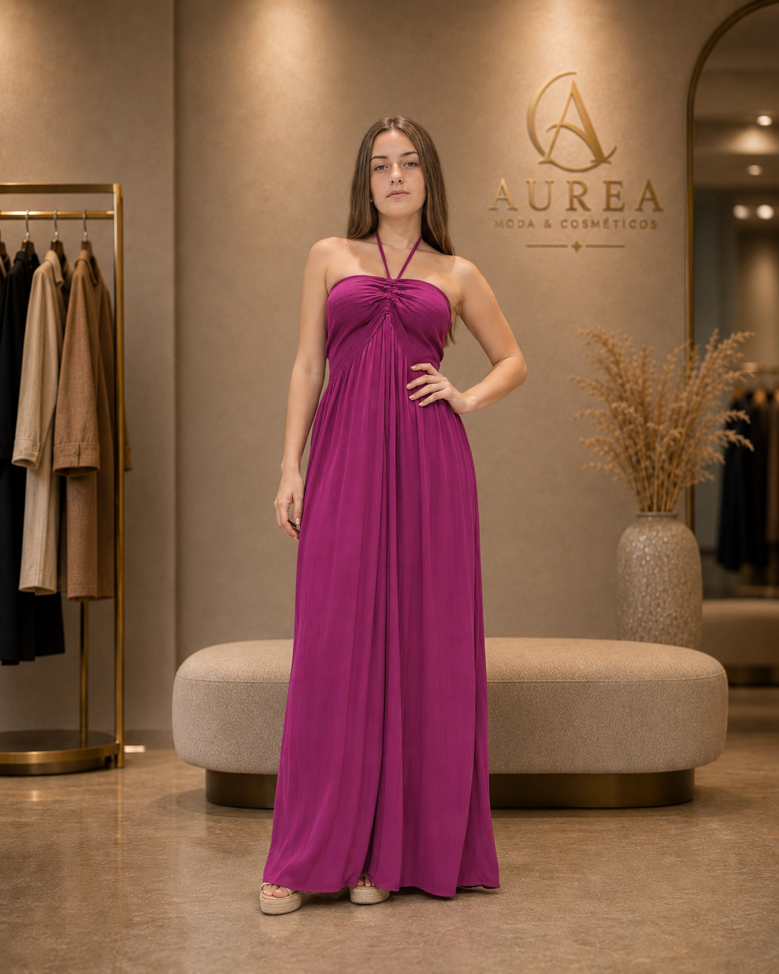 Vestido Largo Magenta con Escote Halter