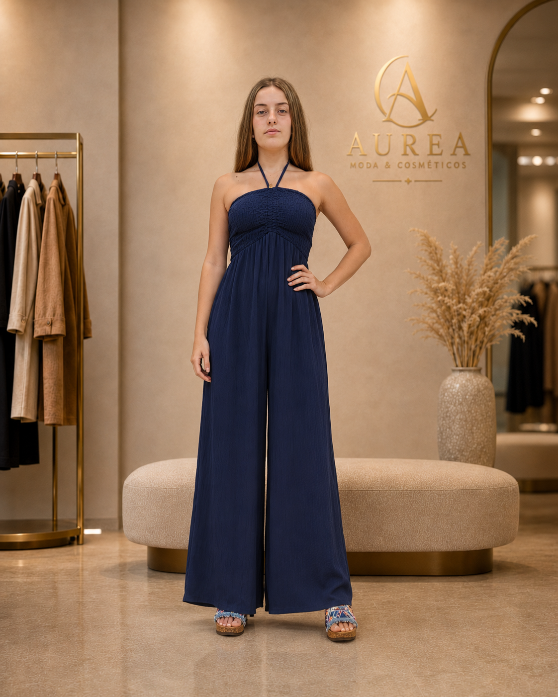 Mono Largo Azul Marino con Escote Halter