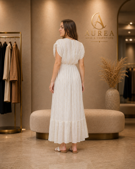 Vestido Largo Blanco Marfil con Escote Cruzado