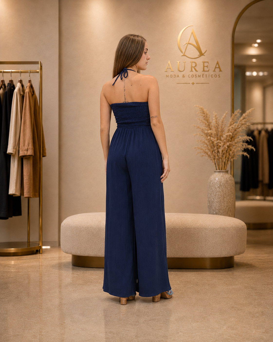 Mono Largo Azul Marino con Escote Halter