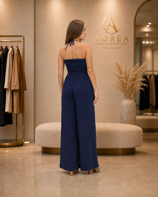 Mono Largo Azul Marino con Escote Halter