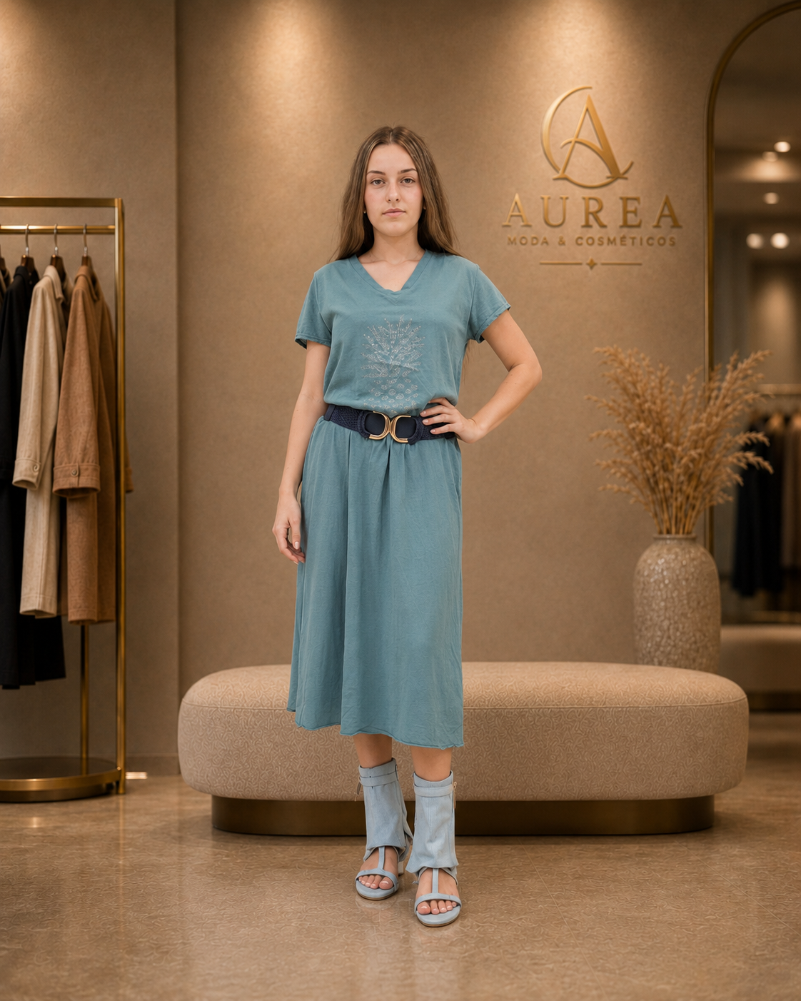 Vestido Midi Azul con Bordado Delantero