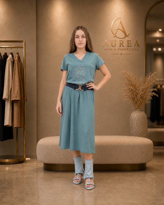 Vestido Midi Azul con Bordado Delantero