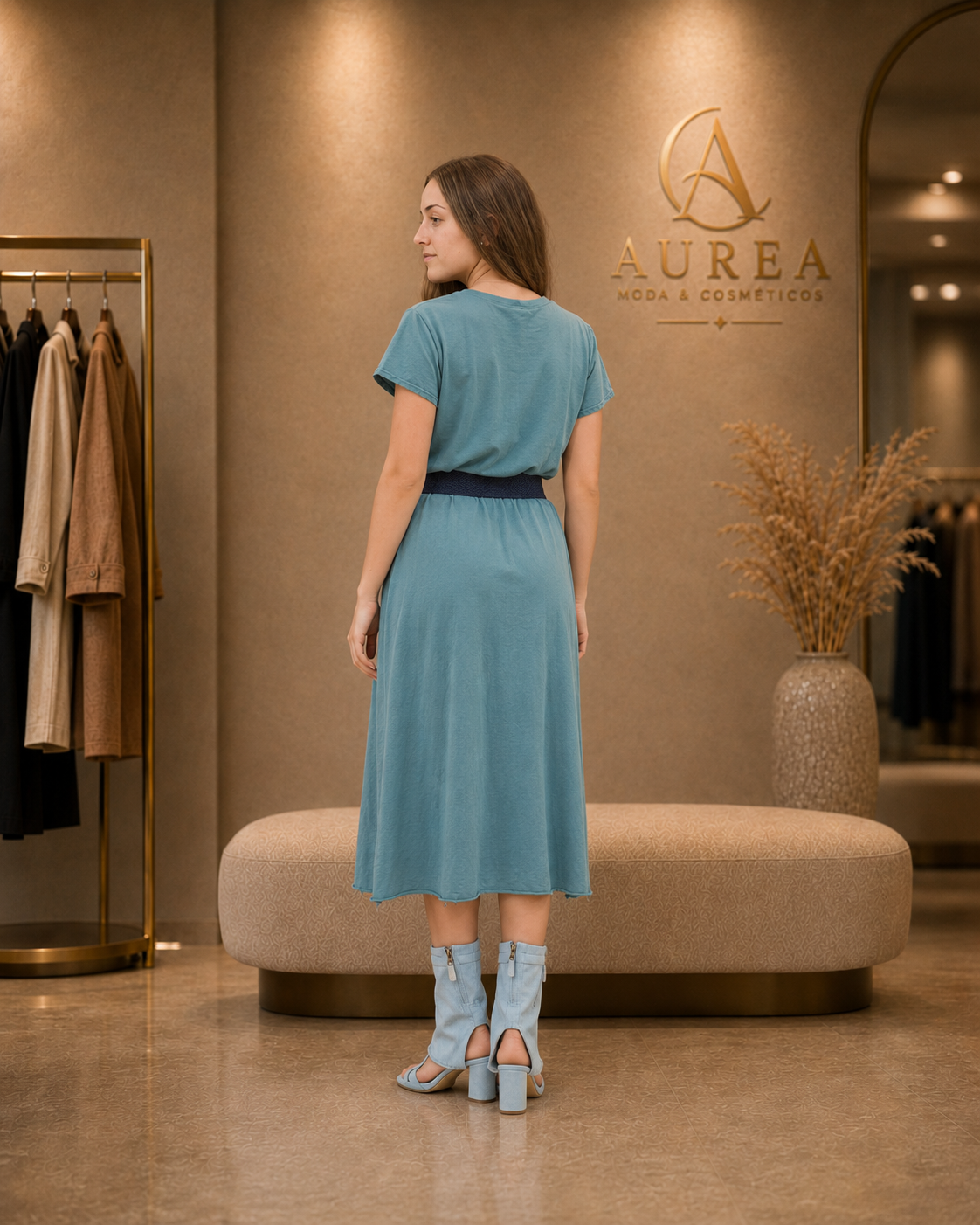 Vestido Midi Azul con Bordado Delantero