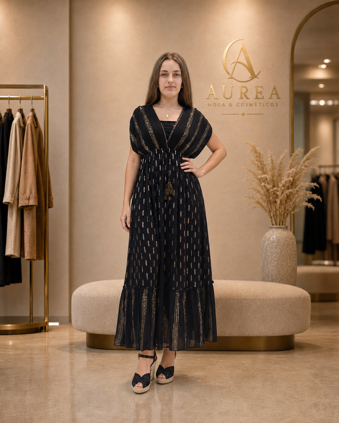 Vestido Largo Negro con Detalles Dorados