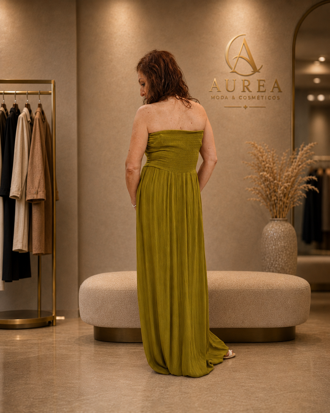 Vestido Largo Verde Oliva con Escote Palabra de Honor