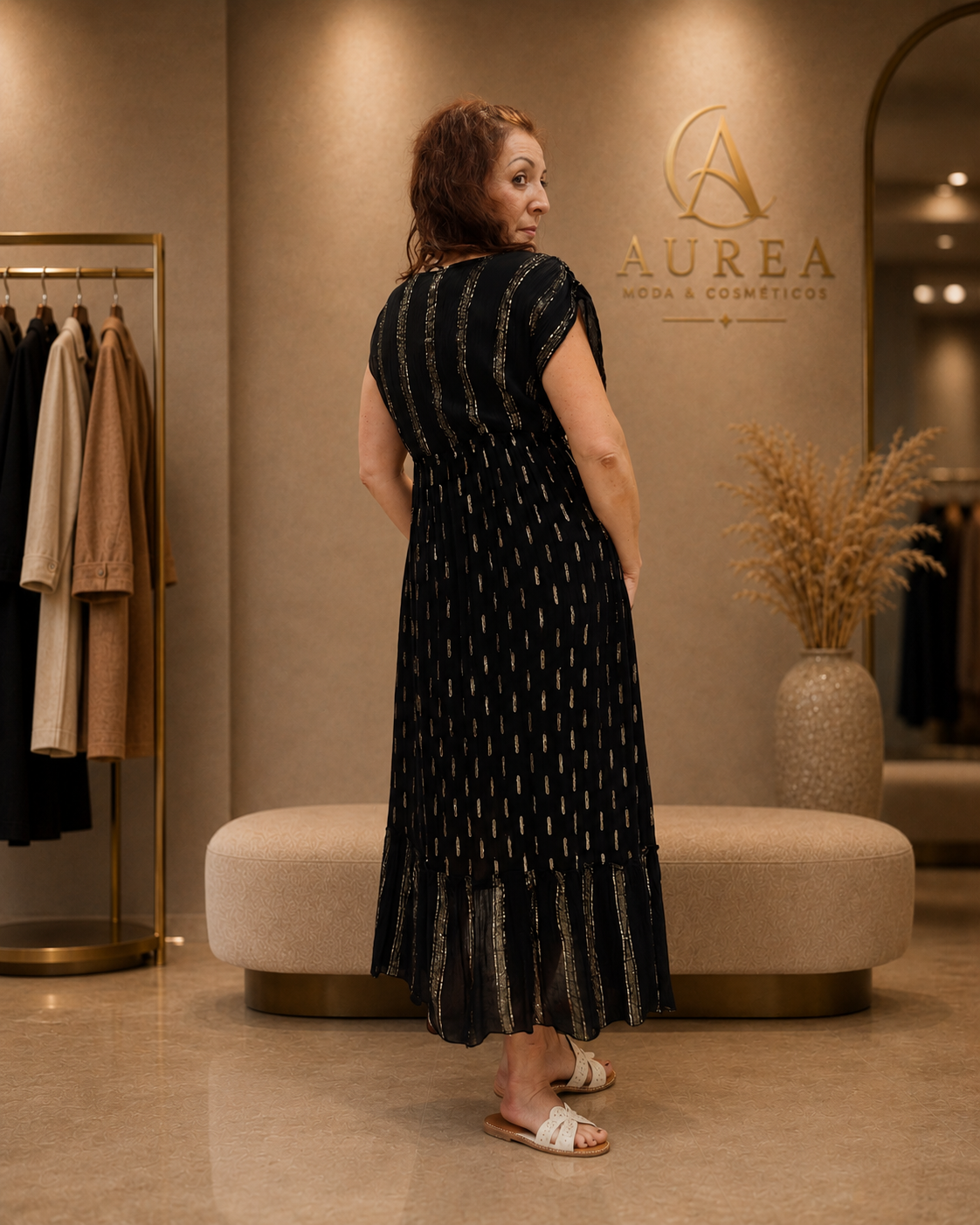 Vestido Largo Negro con Detalles Dorados