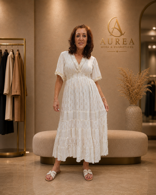 Vestido Largo Blanco Marfil con Detalles Dorados