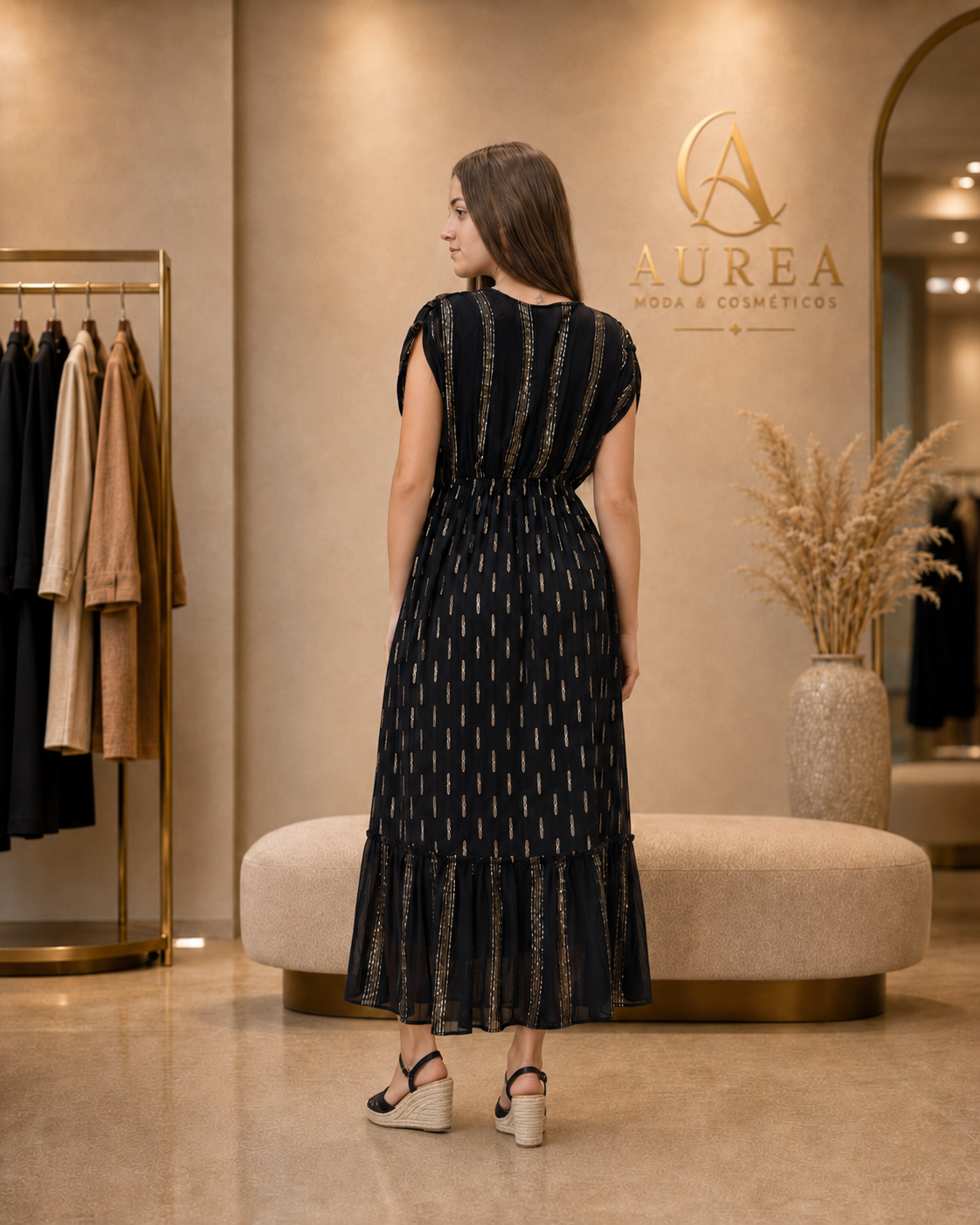 Vestido Largo Negro con Detalles Dorados